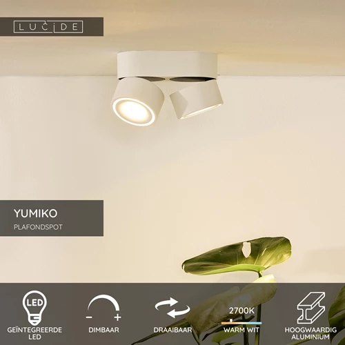Lucide YUMIKO - Plafondspot - Ø 7,8 cm - LED Dimb. - 2x10W 2700K - Wit - USP